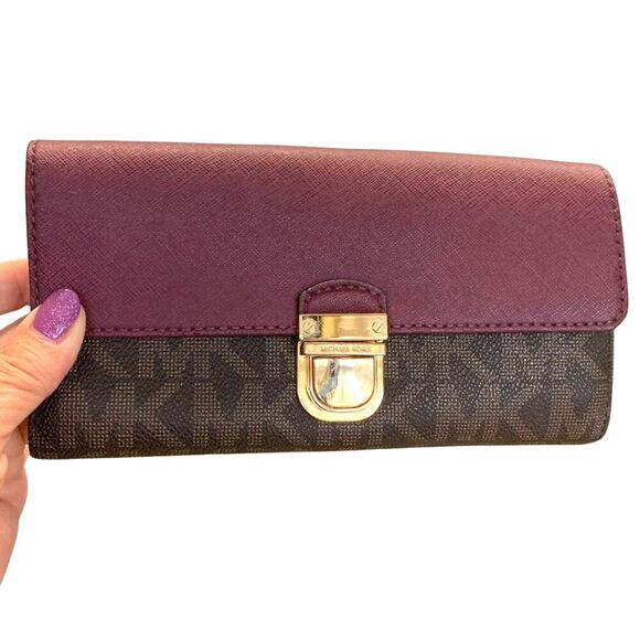 Michael Kors Purple/Burgundy and Brown Leather Wallet for Women - Picture 1 of 13